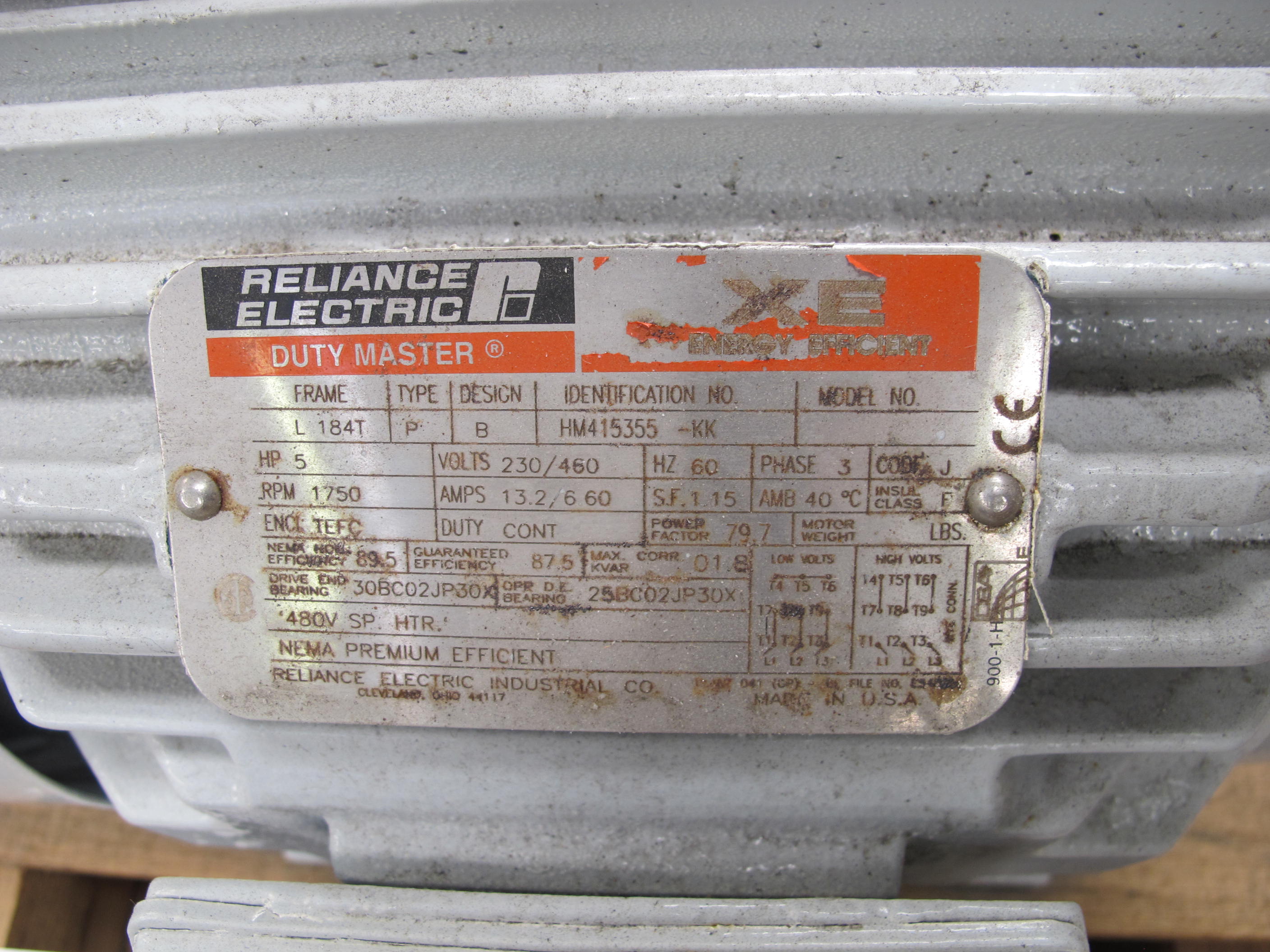 MOTOR, ELECTRIC TYPE, 5 HORSEPOWER, 460VAC 3PH 60HZ ELEC RATING, 1800 (RATED) RPM, 184T FRAME, FLA 6.60 AMPS, TEFC ENCLOSURE, CONTINUOUS DUTY, 1.15 SERVICE FACTOR, 1-1/8" KEYED(1/4") SHAFT. MOTOR SHALL BE EQUIPPED WITH 20 WATT,480V SPACE HEATER. THE MOTOR MUST BE NEMA DESIGN B, CODE J. PART # P18G7403-4 (W-44) LOADING & HANDLING FEE $15-